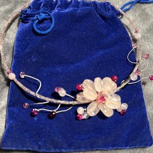 Quarts and garnet flower wire necklace